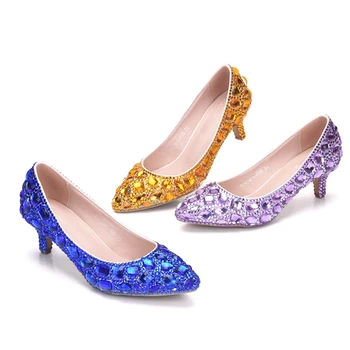 2019 Artizanat Stras Nunta, Pantofi de Mireasa Royal Albastru de Cristal de Aur Petrecerea de Absolvire Pantofi de Bal 5 cm Toc mic Pantofii de Seara