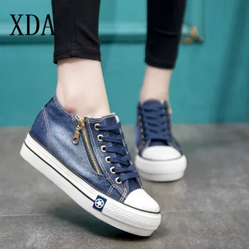 XDA 2019 Clasic de Moda pentru Femei pantofi Casual Vintage Spălate Denim Pânză Plat Platforma de Dantela-up cu fermoar Bascheti bord Pantofi D227