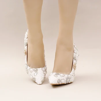 Design superb Alb Perla Pantofi de Nunta a Subliniat Toe Rochie de Mireasa Pantofi Femei Frumoase Prom Party Pompe cu Stras