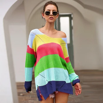 Curcubeu Colorat Dungi De Imprimare Pulover Femei De Moda Noua Pulovere Mozaic Maneca Lunga Topuri Bluze Tricotate De Sus 2020