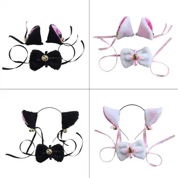 Femei Lolita Anime Cosplay Costum de Pluș Urechi de Pisică Bandană Bell Panglică Papion Q6PB