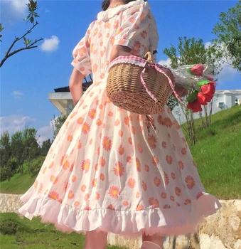 Japoneză dulce ciufulit rochie gât rotund Pentru că Lolita Daisy print cu maneci scurte Lolita rochie de fată drăguță ceai rochie de petrecere Vestidos