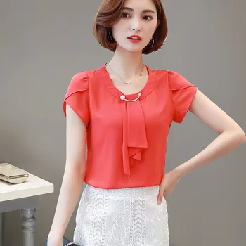 Scurt Cu Mâneci Șifon Cămașă De Vară Coreean Doamnelor Guler Rotund Agrement Subțire Bluze Femei Culoare Pură Moda Topuri Haine H9053
