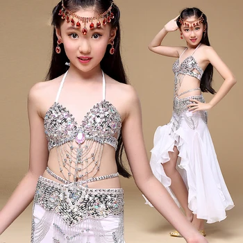 6 Culori de Performanță Etapă de Dans Oriental din Buric Haine 3-piesă de Costum Sutien, Curea, Fusta Copii Belly Dance Costum pentru Fete