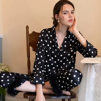 Toamna Și Iarna Pijamale pentru Femei Matase cu Maneci Lungi Pantaloni Alb-Negru Val Punct de Agrement Dulce Haine de Moda pentru Femei Costum
