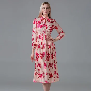 2020 Noua Pistă De Designer European Vintage Red Print Floral Midi Plisata Rochii De Partid Femei Vestidos Halat Femme Rochie