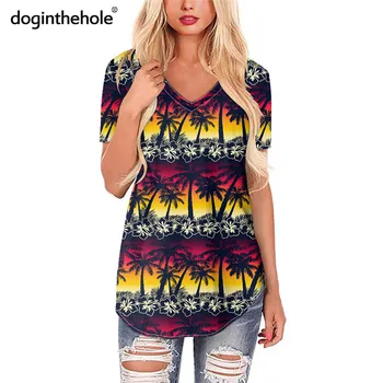 Doginthehole Hawaii Hibiscus Palmier Model Femei Vrac Tunica Topuri 2020 Elegant Gradient V-Neck Short Sleeve T-Shirt
