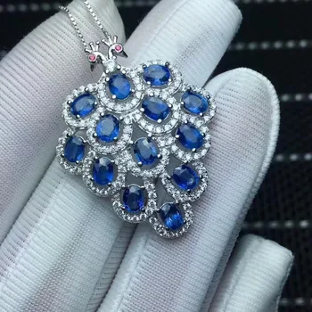 Naturale albastru bijuterie safir romantic dublu Păun Pandantiv naturale piatră prețioasă colier pandantiv S925 argint fata de partid bijuterii fine