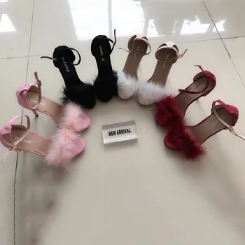 Lzzf 2018 Vara coreeană de Moda Casual, cu Toc Femei Sandale Pantofi cu Tocuri de 11CM Pene de Pluș sandale Pantofi Femeie de Mari Dimensiuni 42 43