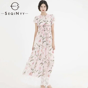SEQINYY Rochie Maxi Roz 2020 de Vară Nou Design de Moda Scurt Volane Alb cu Mânecă Dantelă Romantic Flori de Crin Imprimate Rochie Roz