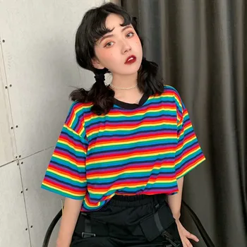 T-Shirt Femei Vara coreean Liber Casual tricou Curcubeu Dungi Imprimate Gât Rotund Maneca Scurta Top