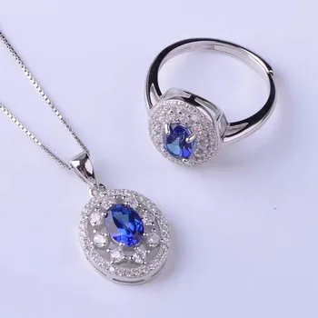 KJJEAXCMY bijuterii rafinat S925 argint încrustat naturale Tansantopa piatra inel floare pandantiv 2-bucata costum