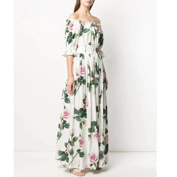 Merchall de Vară 2020 Pistă de Moda Rochie Maxi pentru Femei de Pe Umăr Maneca Scurta Rose Floare de Imprimare Florale Rochie Lungă Vacanță
