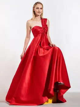 2020 Elegant a-Line Plisate Un Umăr Satin Rochie de Seară Roșie Cu Arc de Bal Etaj Lungime Formale Rochii vestidos de noiva