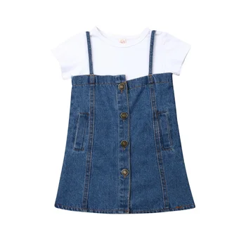 2019 Moda Copii Baby Girl 2 buc Haine de Bumbac Alb T-Shirt Curea Butoane Denim Rochie de Vara Copii, Seturi de Haine de Fata 0-4Y