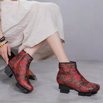 YourSeason Glezna Doamnelor Ciudat Stil Piele Naturala Pantofi Noi 2021 Retro Zip Rotund Deget De La Picior De Cusut De Epocă Imprimare Cizme