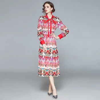 Banulin 2020 Designer de Moda Toamna Roz Rochie Femei, cu maneci Lungi Gât Arc Fluturi Print Floral Vintage sex Feminin Rochie Midi