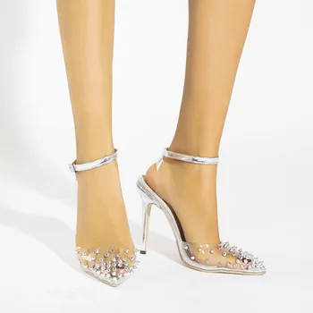 Intenția inițială Femei Sandale de Moda Nit Subliniat de la Picior Toc Subțire de Mare Transparent PVC Glezna Curea Cataramă Frumos de Aur, 42 de Argint