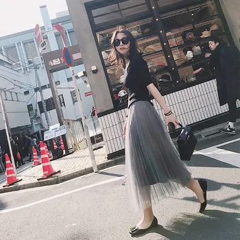 A-Line Fusta Lunga De Vara Si De Toamna Solid Tul Negru Fusta De Moda Japoneză Fuste Femei Fusta Cu Talie Inalta Femei De Îmbrăcăminte De Tip Boutique