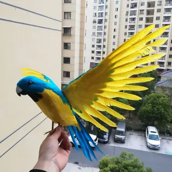 Viața reală jucărie galben-albastru papagal 42x60cm,Handmade model,spuma si pene de raspandire aripile papagal ,decoratiuni de gradina jucărie b0774