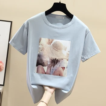 2020 Vara Noi de Bumbac T-shirt Femei Alb cu mânecă Scurtă de Moda Autocolant de Călcat Short Sleeve Top Femei Guler Rotund Tricou