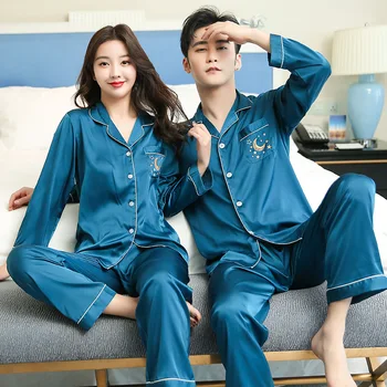 Două Stele, Luna Imprimat Cu Maneci Lungi Pantaloni Cămașă De Noapte Iubitorii De Mătase Pijamale Pijama Bărbați Femei Pijamale Homewear