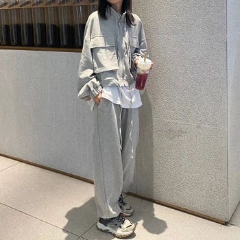 Harajuku Femei Cu Fermoar Frontală Pierde Tricoul Set De Doua Bucati Plus Dimensiune Casual Sprot Pantaloni Haine Treninguri