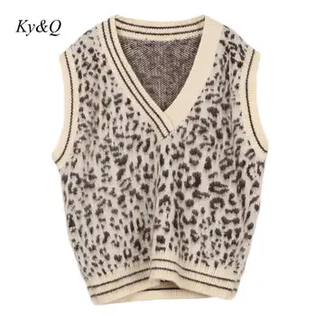 2020 Toamna Iarna Femei De Moda De Epocă Pulover V-Neck Leopard De Imprimare Tricot Vrac Top Vesta Fără Mâneci Vrac De Proiectare Haine