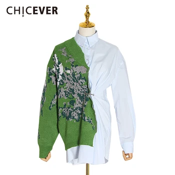 CHICEVER Mozaic Lovit de Culoare Tricotate Bluza Feminin Guler Rever Maneca Lunga Mari Dimensiuni Neregulate Ruched Bluza Femei 2020 Moda