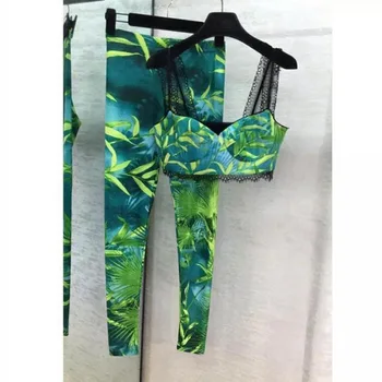 Femei imprimate pantaloni dantela sutien elastic matase de gheață pantaloni roz verde verde pădure tropicală printed pant set gâfâi costum