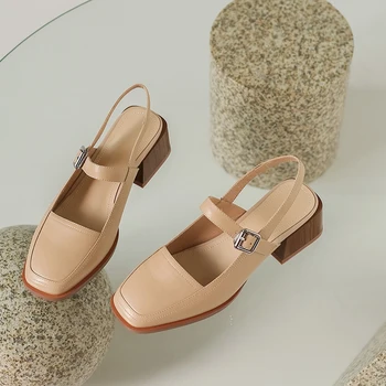 NIKOVE 2020 Deget de la picior Pătrat de Vara Femei Pompe de Pantofi de Piele+PU Cataramă Pătrată Med Toc Solid de Moda Casual Pantofi Mărimea 34-39