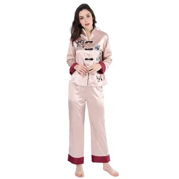 Plus Dimensiune Șampanie Pijamale Costum Homewear Femei Stil Chinezesc Toamna Broderie 2 BUC Somn Set Pijamale Casual Îmbrăcăminte Acasă