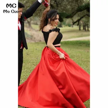 Două Piese Rochie de pe Umăr rochie de Bal Rochie de Seara cu Buzunare din Satin Vestido de festa Roșu Negru prom rochii Personalizate