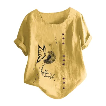 Imprimat Top Tee Vara Femei T shirt Pentru Femei Haine Plus Dimensiunea O-Gat Maneci Scurte de Imprimare Butoane Lenjerie de pat din Bumbac Vintage Topuri