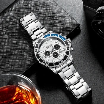BIDEN bărbați ceas, analog quartz, rezistent la apa, data, cronograf, din oțel inoxidabil, de afaceri de moda, bărbați ceas