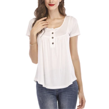 2019 Modă Plisate Nasturii Liber cu Mânecă Scurtă pentru Femei T-Shirt Vara top Solid de Vara pentru femei Bluze 2019