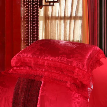 Liv-Estet Europene Roșu De Lux Satin Jacquard Set De Lenjerie De Dantelă Partea Carpetă Acopere, Plat Foaie De Pernă Regina King Lenjerie De Pat