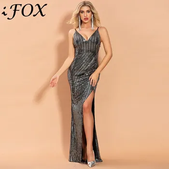 IFox Sexy Gât Adânc V Paiete Arc De Vara Rochii Pentru Femei De Moda Deschis Înapoi De Sex Feminin Spaghete Curea Rochie Neagră