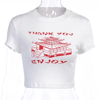 Femei Culturilor Topuri De Vara Sexy Scrisoarea Imprimate O-Gat Maneci Scurte Tricou Subțire Streetwear Vara Crop Top T-Shirt