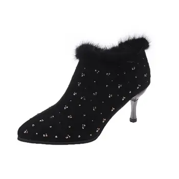 2021 Iarna Femei Sexy Tocuri Glezna Cizme De Blană Cald Bling Cristal Stilet Cizme De Piele De Căprioară Rhinstone Pantofi De Partid