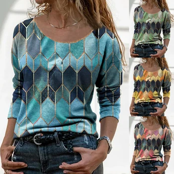 Plus Dimensiune Bluza Vintage 2021 Femei Maneca Lunga O De Gât Geometrice Hexagon Imprimare Tricou Bluza De Sus
