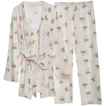 3PCS 2019 Nou Primavara Toamna Femei Pijamale Seturi de Imprimare Roz Floare Pijamale Doamna Moale Tricotate îmbrăcăminte de noapte Sling Cu Sutienul Acasă Seturi