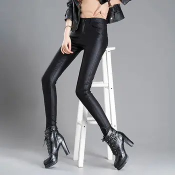 2019 Moda Femei Elastice din Piele PU Creion Pantaloni Sexy si Damele de Casual Solid Stretch Talie Mare Jambiere Skinny Femei Pantaloni