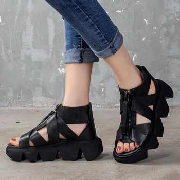 YourSeason 2020 Nou De Vară, De Toamnă Doamnelor Sandale Cu Platforma Din Piele Femei Cu Fermoar Cusut Retro Plat Cu Pantofi Lucrați Manual