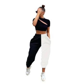 Nou Stil de Pantaloni Femei Alb-Negru Mozaic Pantaloni Lungi cu Talie Înaltă Sportiv de Gimnastică Funduri de Trening cu Buzunare Pantaloni Jogger