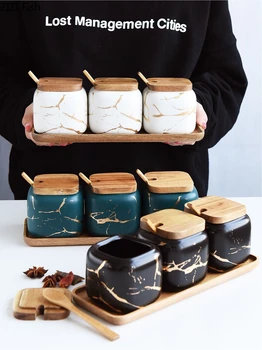 Creative Stil Nordic Model De Marmură Bucătărie Din Ceramică De Condimente Rezervor Set Capac Din Lemn Agitator Sare Condiment Borcan Accesorii De Bucatarie