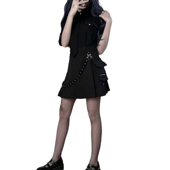Femeile Gotic Stilul Punk Fuste Mini Fete Cool Talie Mare Negru Fusta Plisata cu Curea Buzunar Decor S/M/L