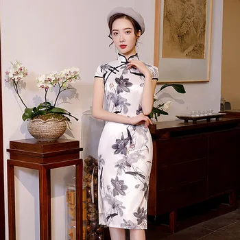 Stil chinezesc Femei Cheongsam Genunchi Lungime Vară de zi cu Zi Rochie Vintage Butonul Spectacol de teatru de Partid Qipao Mare Split Rochie Vestido M-3XL