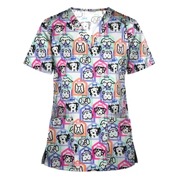 De lucru Uniformă Y2K Imprimate T-shirt Short Sleeve V-Neck Topuri Haine de sex Feminin 3XL Dimensiuni Mari Vara office lady Îngrijitor de sus футболка