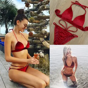 2018 Vara Femei Sexy Catifea Bandaj Bikini Set costum de Baie Roșu Costume de baie Bandaj Push-up Triunghi Sutien Costum de Baie pe Plaja